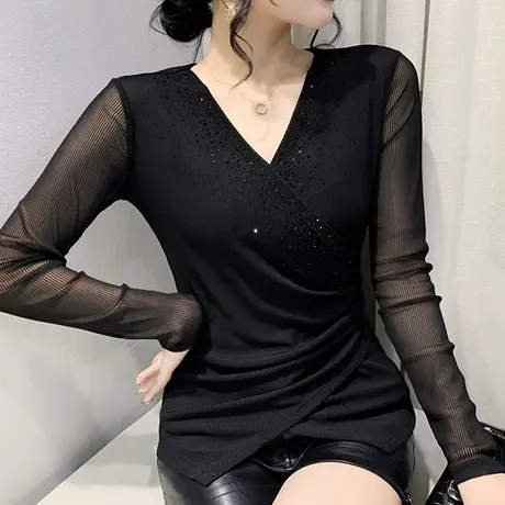 黑色网纱打底衫女士春秋性感V领长袖T恤修身设计感不规则开叉上衣商品大图