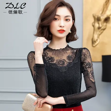 2024新款蕾丝打底衫女春秋高领网纱长袖洋气内搭洋气小衫薄款上衣图片