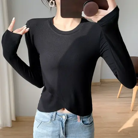 黑色打底衫女2023秋冬新款莫代尔螺纹长袖T恤内搭修身针织衫上衣商品大图