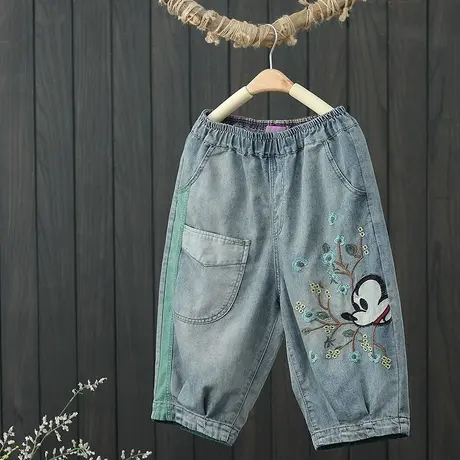 文艺复古贴布刺绣牛仔五分裤女夏季新品宽松显瘦大码薄款哈伦中裤图片