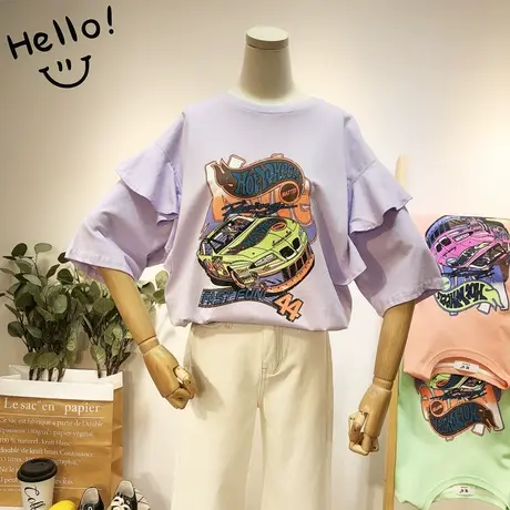 2020夏新款韩国东大门ins复古汽车荷叶袖上衣短袖小众设计感宽松商品大图