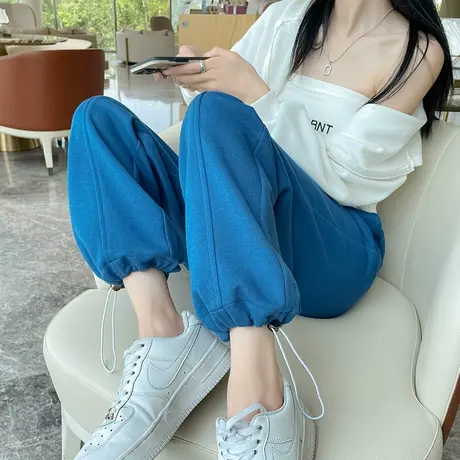 蓝色运动裤女宽松束脚春秋季小个子拼接休闲裤子显瘦两穿直筒卫裤商品大图