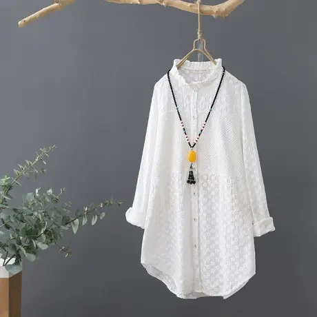 秋装新款中长款花边立领全棉刺绣白衬衫女长袖小清新打底衬衣上衣商品大图