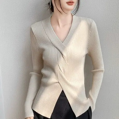 法式长袖毛衣针织衫女装2025春秋新品洋气减龄交叉V领设计感上衣商品大图