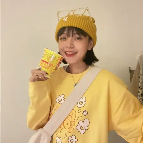 红续oversize简约宽松长袖叠穿百搭上衣打底衫女内搭可爱卡通印花商品大图