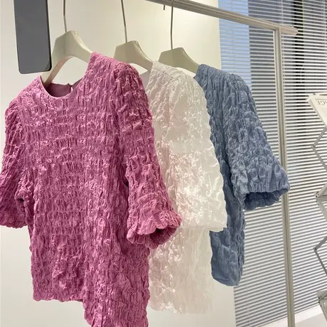 法式高级感短袖T恤女夏季宽松显瘦韩版洋气时尚褶皱半袖上衣ins潮商品大图