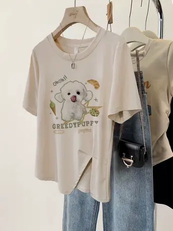 减龄慵懒风T恤女夏2023新款开叉下摆设计短袖潮牌ins大码纯棉上衣商品大图