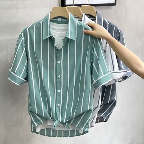 条纹高级感衬衫男士短袖2023夏季新款韩版宽松外穿五分中袖上衬衣商品大图