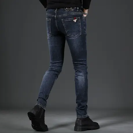 蓝色牛仔裤男秋冬季2022新款潮牌弹力修身小脚高级男士厚款裤子男商品大图