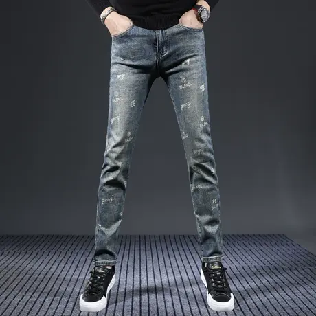 牛仔裤秋冬款男修身小脚裤蓝色2023新款潮牌印花痞帅男士裤子青年商品大图