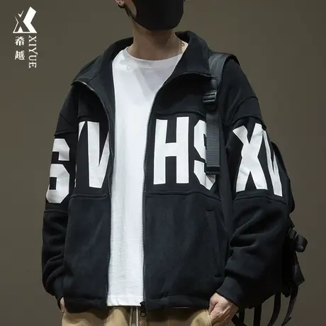 潮牌印花夹克男士外套2023秋冬立领拼接奥力绒长袖衬衣宽松大码男商品大图