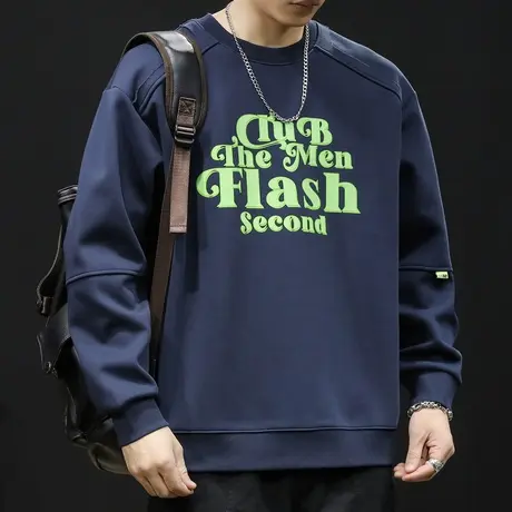 潮牌卫衣男春秋款圆领男款重磅拼接印花衣服春季2024新款长袖大码商品大图