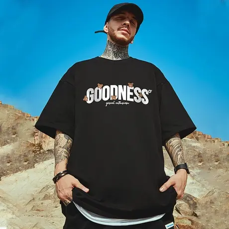 2024高街潮牌宽松T恤简约短袖男加肥加大五分袖纯棉大码男装夏季商品大图