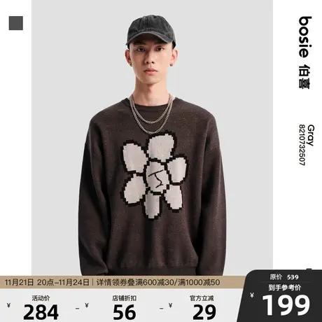 bosie2023年秋季毛衣男女潮流印花宽松圆领毛衫情侣休闲针织衫图片