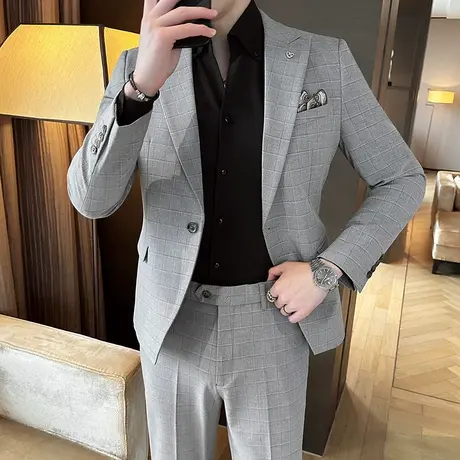 格纹小西装男秋冬新款戗驳领垂感外套休闲痞帅学生18岁成人礼服潮商品大图