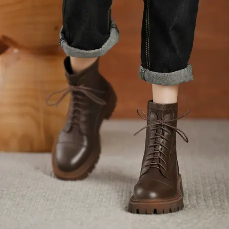 马丁靴女夏款薄款2024新款棕色系带复古英伦风厚底小个子机车短靴图片