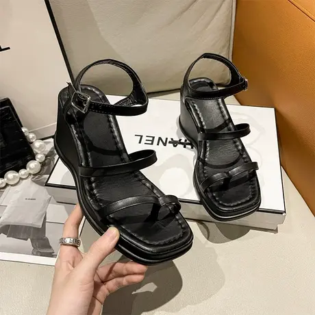 设计感小众厚底高跟凉鞋女2024夏季新款一字带露趾坡跟仙女风女鞋商品大图