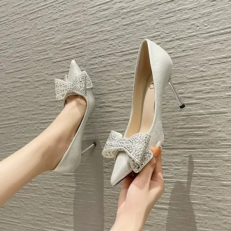 法式高跟鞋女细跟不累脚2024年新款伴娘鞋日常可穿蝴蝶结尖头单鞋商品大图