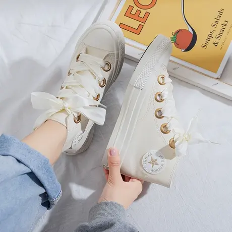 2021年夏季新款仙女丝带高帮帆布鞋女学生潮流百搭网红ins潮板鞋商品大图