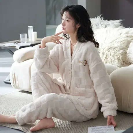 珊瑚绒睡衣女款法兰绒加绒加厚2023新款秋冬款冬天冬季家居服套装图片