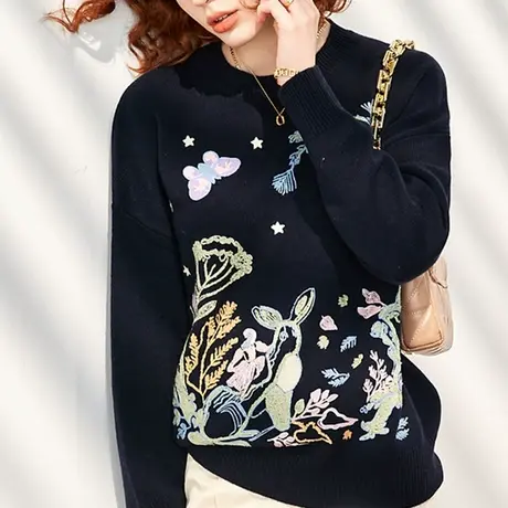 享永子【100%羊毛】彩色花朵重工刺绣 圆领套头针织衫女秋冬毛衣图片