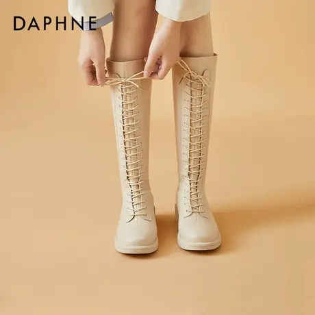 达芙妮高筒骑士靴女2021年新款白色长筒靴粗腿不过膝厚底春秋长靴图片