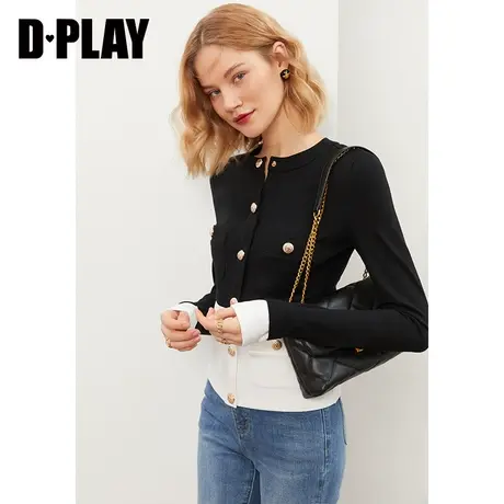 DPLAY2022年秋新款经典小圆领黑白撞色上衣定制浮雕金属扣打底衫商品大图