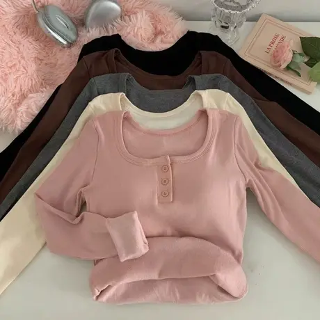 洋气时髦德绒磨毛保暖打底衫女内搭冬季修身长袖T恤螺纹方领上衣商品大图