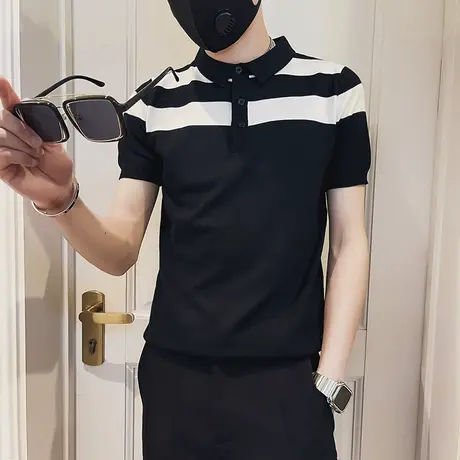 短袖t恤男士潮流带领条纹POLO衫夏季修身潮牌ins冰丝半袖针织衣服商品大图