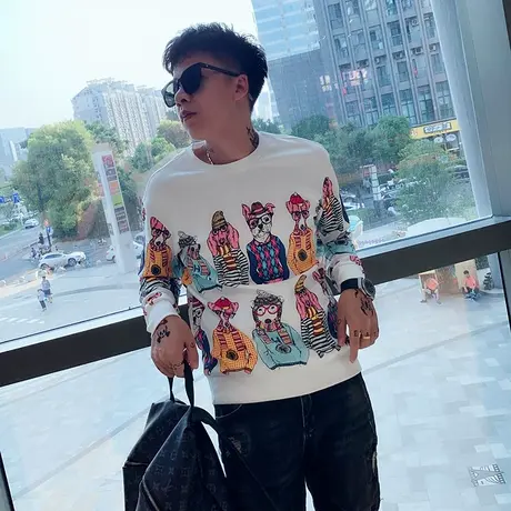 秋季男卫衣长袖t恤套头潮流圆领网红潮牌快手帅气les时尚休闲外套商品大图