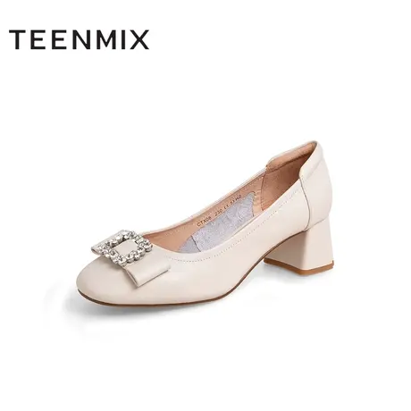 天美意高跟浅口单鞋女粗跟一脚蹬皮鞋新款商场同款CTX08CQ2商品大图