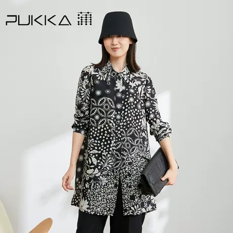 蒲PUKKA 2023春夏新款女真丝混纺复古黑白印花衬衫女中长款衬衣商品大图