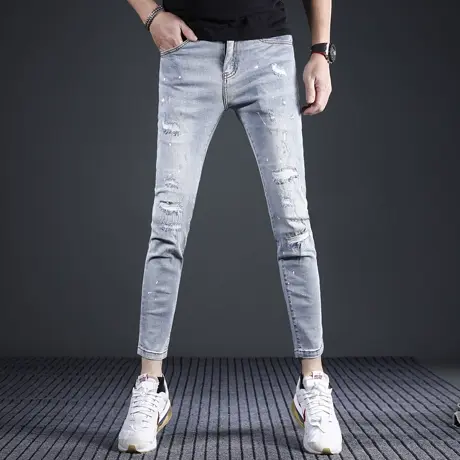 浅色破洞九分牛仔裤男款修身小脚2024新款春夏季弹力男士裤子潮牌商品大图