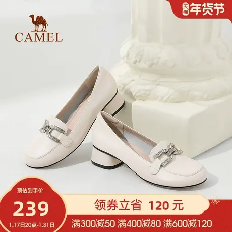 骆驼女鞋秋季新款真皮圆头中跟休闲乐福鞋小皮鞋粗跟单鞋女图片