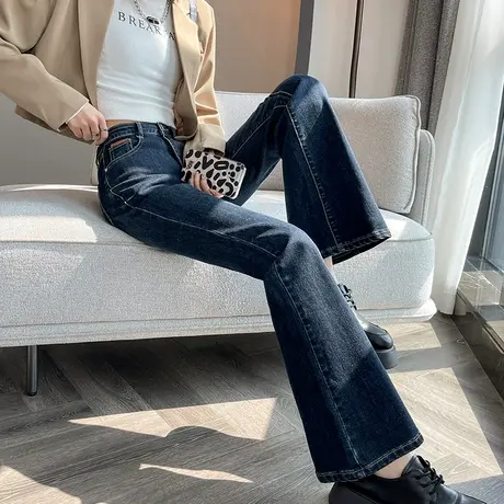 高腰微喇牛仔裤女2024年春秋季新款修身显瘦显高加长高个子喇叭裤商品大图