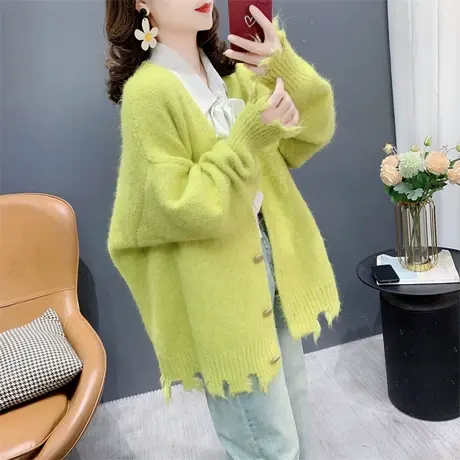 慵懒风流苏破洞V领毛衣开衫女春秋2024年新款宽松洋气设计感外套图片