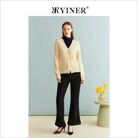 YINER音儿女装冬季女装法式优雅弹力长裤微喇叭休闲裤商品大图