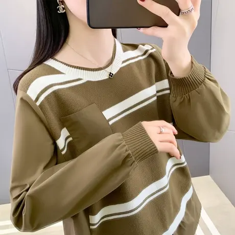 2024年春装新款拼接条纹假两件针织衫女秋冬洋气毛衣女宽松上衣服商品大图