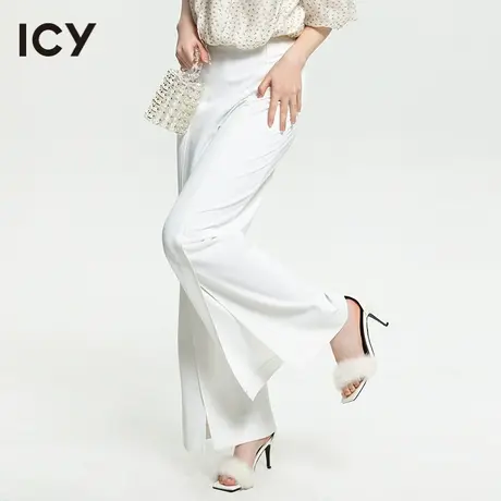 icy2023夏季新款简约通勤白色阔腿休闲长裤显瘦开叉西装裤女商品大图