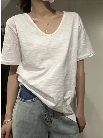 竹节棉V领短袖T恤女夏季薄款白色打底衫宽松显瘦半袖体恤上衣服潮商品大图