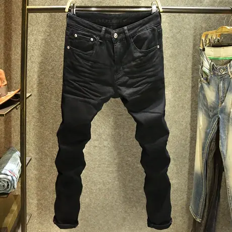 2024春季新款牛仔裤男弹力修身小脚裤个性潮牌时尚百搭黑色长裤子商品大图