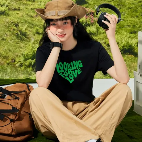 真维斯Z+女装 合身正肩圆领短袖T恤纯棉百搭设计感撞色印花上衣X商品大图