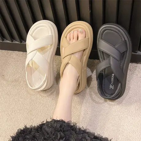 露趾厚底凉鞋女外穿2024春夏配裙子超火平底罗马鞋休闲轻便沙滩鞋商品大图