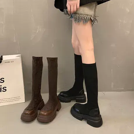 欧洲站2023秋冬厚底增高弹力靴女黑色磨砂长靴子休闲瘦瘦靴马丁靴商品大图