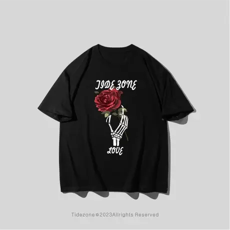 Ohlyah手指玫瑰花字母印花夏季潮牌宽松圆领水洗黑色短袖T恤男女图片