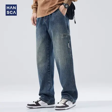hansca直筒牛仔裤男秋季新款美式复古潮牌痞帅宽松休闲大码长裤子商品大图