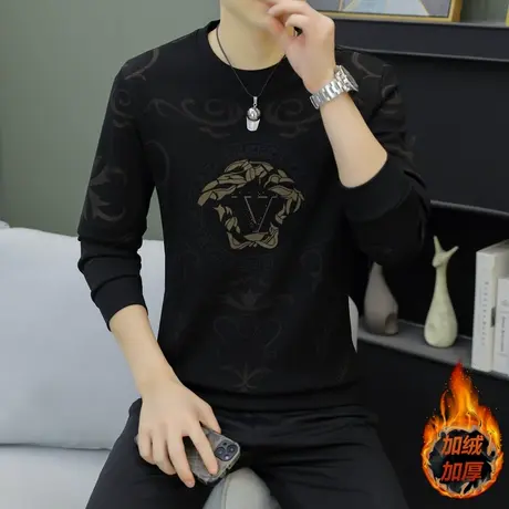2024龙年新款男士加绒加厚长袖T恤衫欧版个性加肥加大码卫衣小衫商品大图
