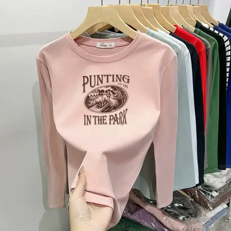 t恤女春长袖圆领纯棉印花宽松显瘦上衣学生设计感小众内搭打底衫商品大图