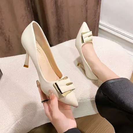 高跟鞋女款白色细跟2024年春秋季浅口配裙子通勤职业尖头法式单鞋图片