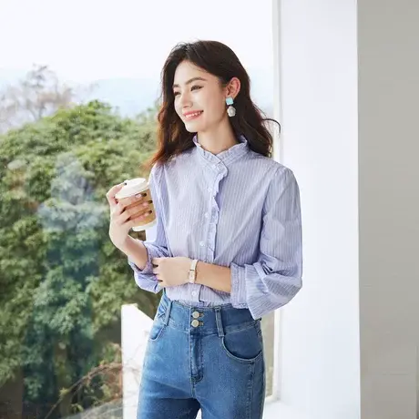 时尚气质衬衫2024年春季新款女花边领减龄学院风温柔百搭通勤上衣商品大图
